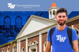 Tennessee Wesleyan student smiling in front of Merner Pfeiffer Library with graphic