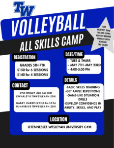 middle school volleyball camp poster for Tennessee wesleyan